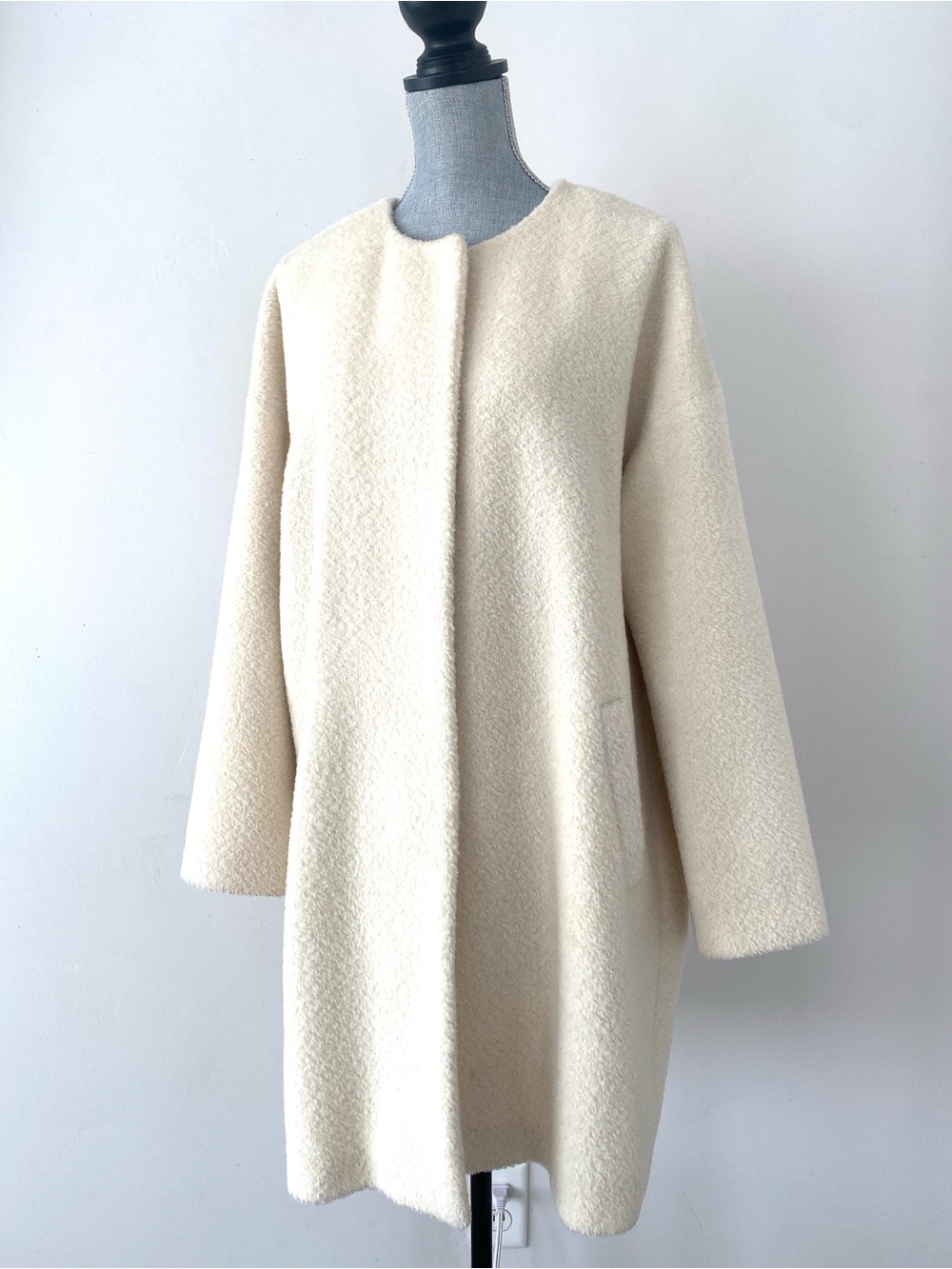 Eileen Fisher The Fisher Project Cream Bouclé Round-Neck Wool & Alpaca Coat Sz M
